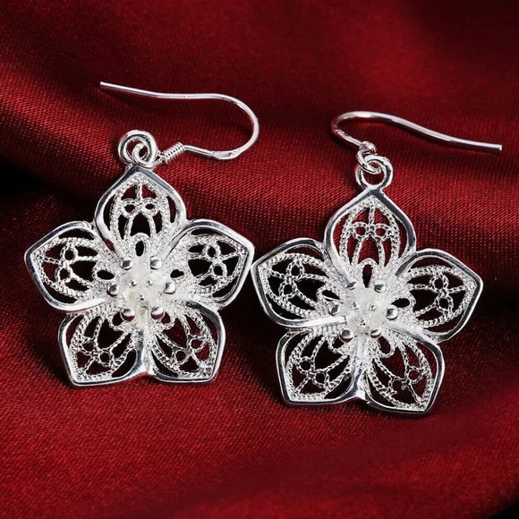 925 Sterling Silver Flower Dangle Drop Earrings - Picture 4 of 5